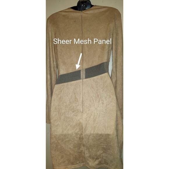 Va Va Voom Dress BODYCON Beige See-thru Mesh Panels Faux Suede Vintage Y2K M - Picture 12 of 15
